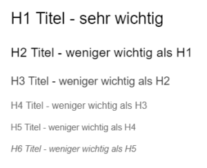 Hn-Tag in den verschiedenen Überschriften