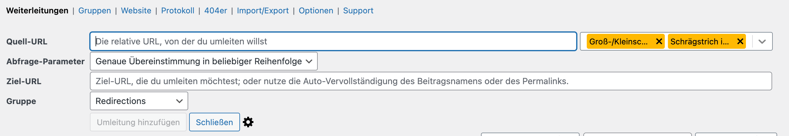 Ursprungs- und Ziel-URL für eine Weiterleitung