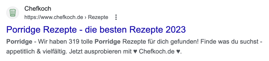 Snippet in der SERP mit Meta Title, Description, Titel und URL