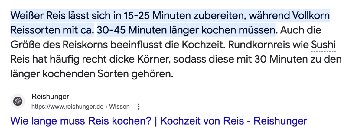 Featured Snippet in den Suchmaschinenergebnisseiten zum Thema "Reis kochen"